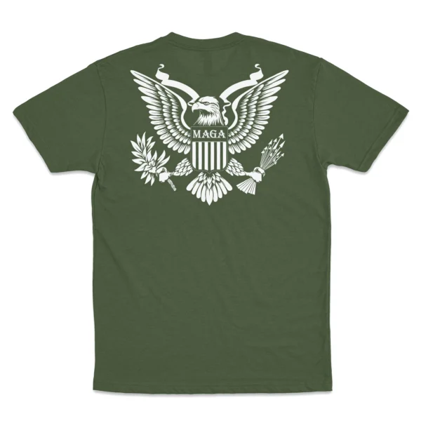 Back Flat lay of military green MAGA Patriot Eagle unisex T-shirt - patriotic conservative graphic tee