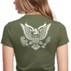 Woman wearing military green MAGA Patriot Eagle T-Shirt - Unisex conservative patriotic graphic tee on female model - white American Eagle design