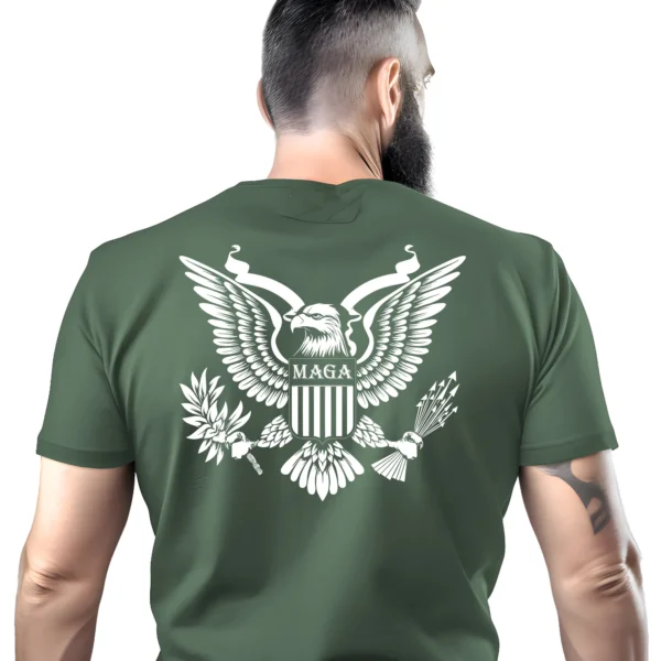 Man wearing military green MAGA Patriot Eagle T-Shirt - Unisex conservative patriotic graphic tee - American eagle on back