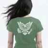 5485L-MILGREEN Woman wearing military green MAGA Patriot Eagle Women's T-shirt - Unisex patriotic conservative eagle graphic tee