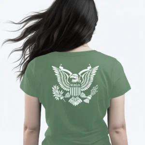 5485L-MILGREEN Woman wearing military green MAGA Patriot Eagle Women's T-shirt - Unisex patriotic conservative eagle graphic tee