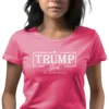 Woman wearing pink Trump Girl No Apologies Women's T-shirt - Unisex bold MAGA patriotic graphic tee