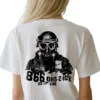 5495-WHT-UNI-F_CRF Woman wearing white ICE Tip Line T-Shirt - Unisex pro law enforcement patriotic graphic tee on female model - black design on back