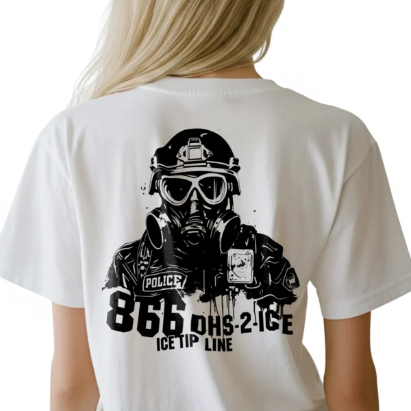5495-WHT-UNI-F_CRF Woman wearing white ICE Tip Line T-Shirt - Unisex pro law enforcement patriotic graphic tee on female model - black design on back