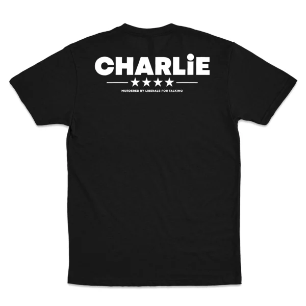 Back Flat lay of black Charlie Kirk Memorial unisex T-shirt - conservative patriot tribute graphic tee