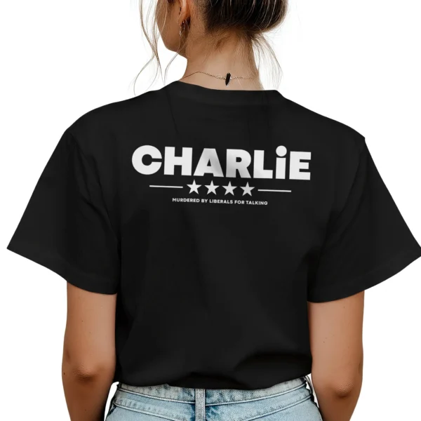 Woman wearing black Charlie Kirk Memorial T-Shirt - Unisex conservative patriot tribute graphic tee on female model