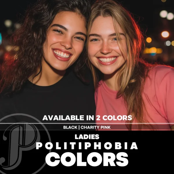 Two women modeling blank black and charity pink women's T-shirt – color reference for ladies fit