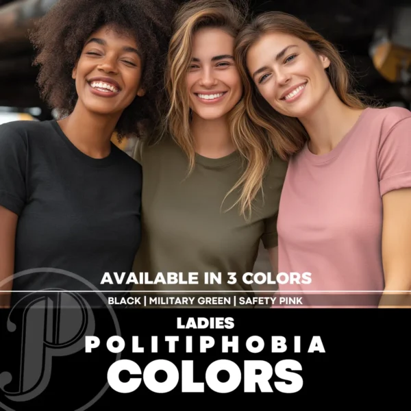 colors-ladies-3-blk-milgreen-pink Three women modeling blank black, military green and safety pink women's T-shirt – color reference for ladies fit