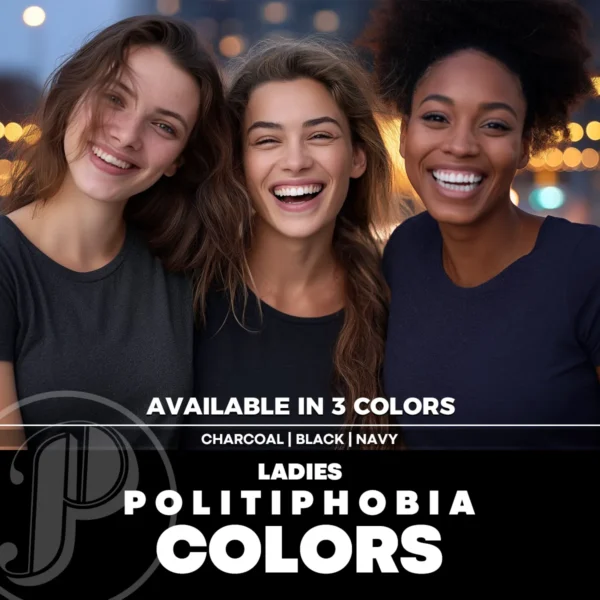 Three women modeling blank black, charcoal and navy women's T-shirt – color reference for ladies fit