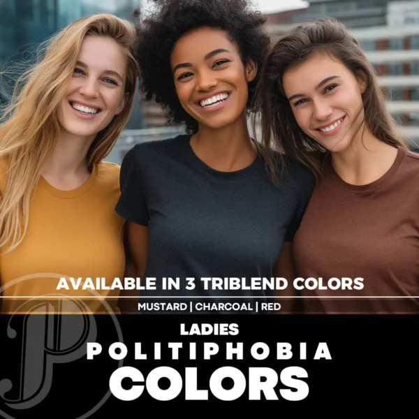 Three women modeling blank mustard triblend, charcoal triblend and red triblend women's T-shirt – color reference for ladies fit