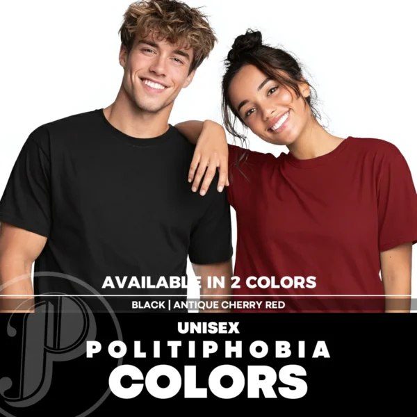 Man and woman modeling blank black and antique cherry unisex T-shirt – color reference for unisex fit