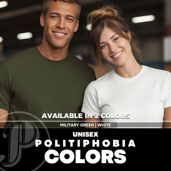 colors-uni-2-milgreen-wht Man and woman modeling blank white and military green unisex T-shirt – color reference for unisex fit