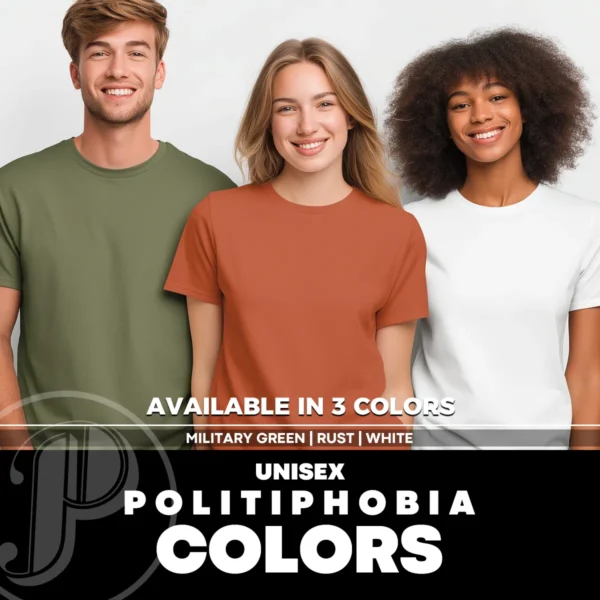 colors-uni-3-milgreen-rust-wht Man and two woman modeling blank military green, rust red and white unisex T-shirt – color reference for unisex fit