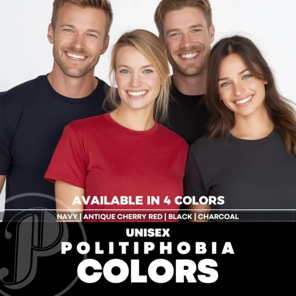 Two men and two woman modeling blank navy, antique cherry red, black and charcoal unisex T-shirt – color reference for unisex fit