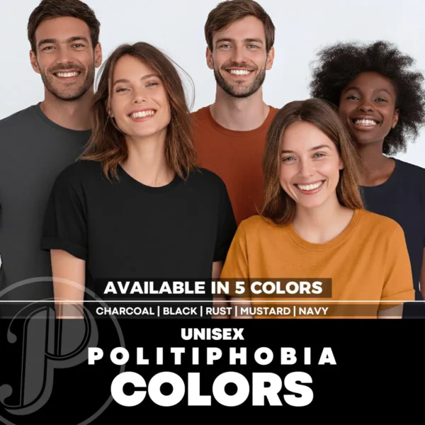 Two men and three woman modeling charcoal, black, rust, mustard and navy unisex T-shirt – color reference for unisex fit