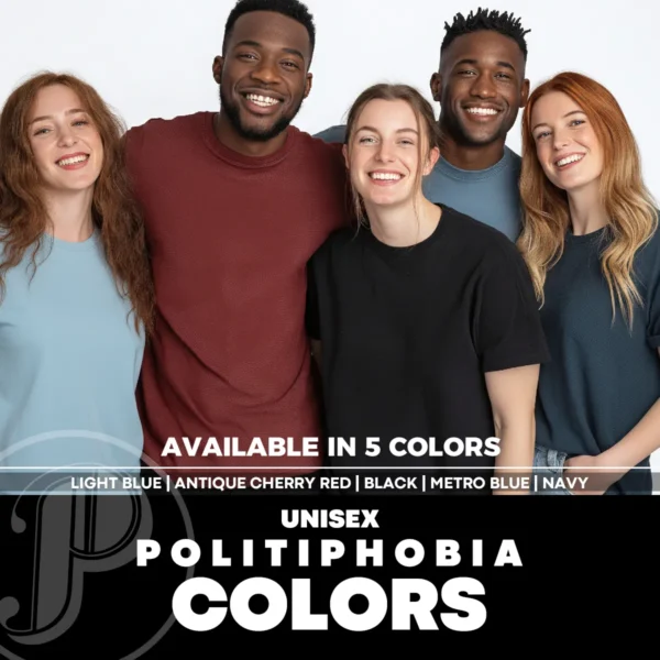 Two men and three woman modeling light blue, antique cherry red, black, metro blue and navy unisex T-shirt – color reference for unisex fit