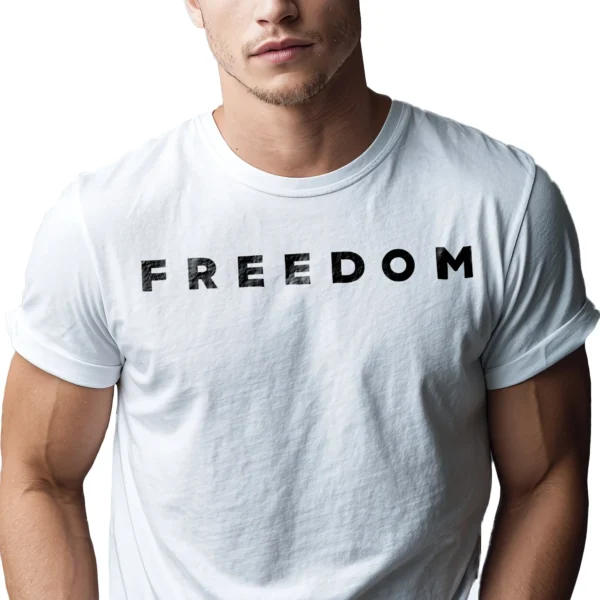 Man wearing white Charlie Kirk Freedom T-shirt – Unisex memorial patriot conservative graphic tee