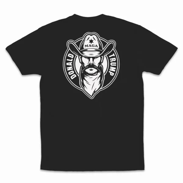 5510-BLK-B-G Flat lay of black Law and Order unisex T-shirt – Trump MAGA sheriff patriotic graphic tee