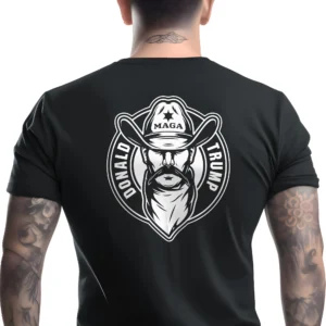Man wearing black Law and Order T-shirt – Unisex Trump MAGA sheriff patriotic graphic tee