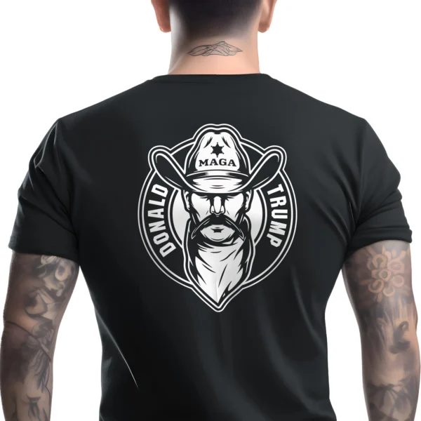 5510-BLK-UNI-M Man wearing black Law and Order T-shirt – Unisex Trump MAGA sheriff patriotic graphic tee