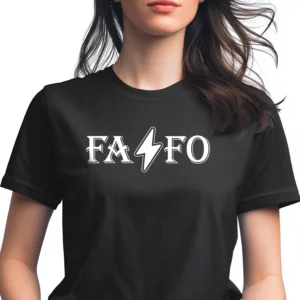 Woman wearing black FAFO T-shirt – Unisex Fuck Around and Find Out riots protests graphic tee