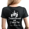 Woman wearing black Fucketh Around and Findeth Out T-shirt – Unisex 1776 Old English FAFO patriotic graphic tee