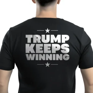 Man wearing black Trump Keeps Winning T-shirt – Unisex unstoppable MAGA patriotic graphic tee