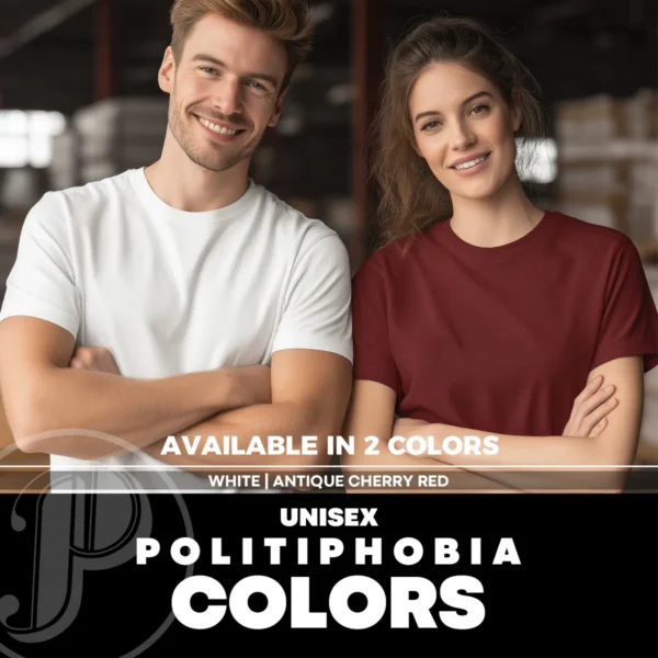 Man and woman modeling blank white and antique cherry unisex T-shirt – color reference for unisex fit